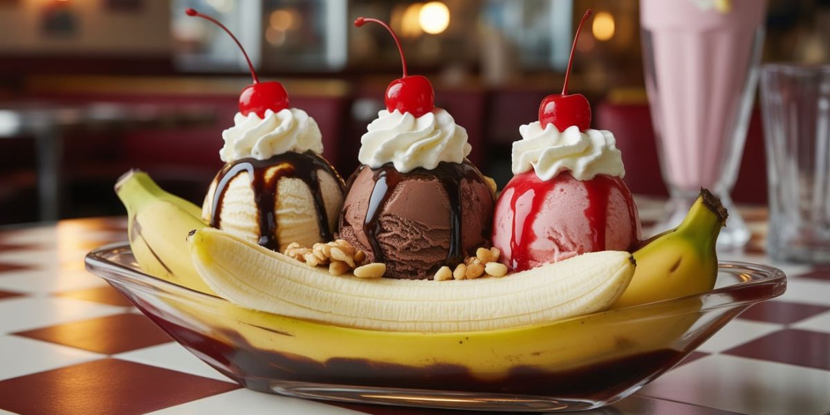 In a classic split sundae, three scoops of ice cream are traditionally served between two halves of what fruit