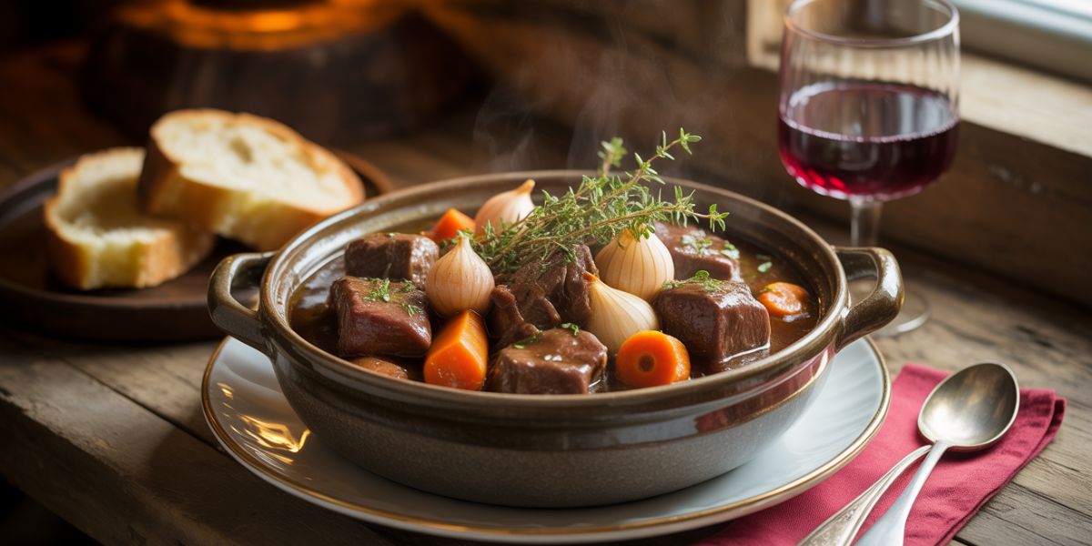 What classic French dish is made by slow-cooking beef in red wine along with carrots and onions