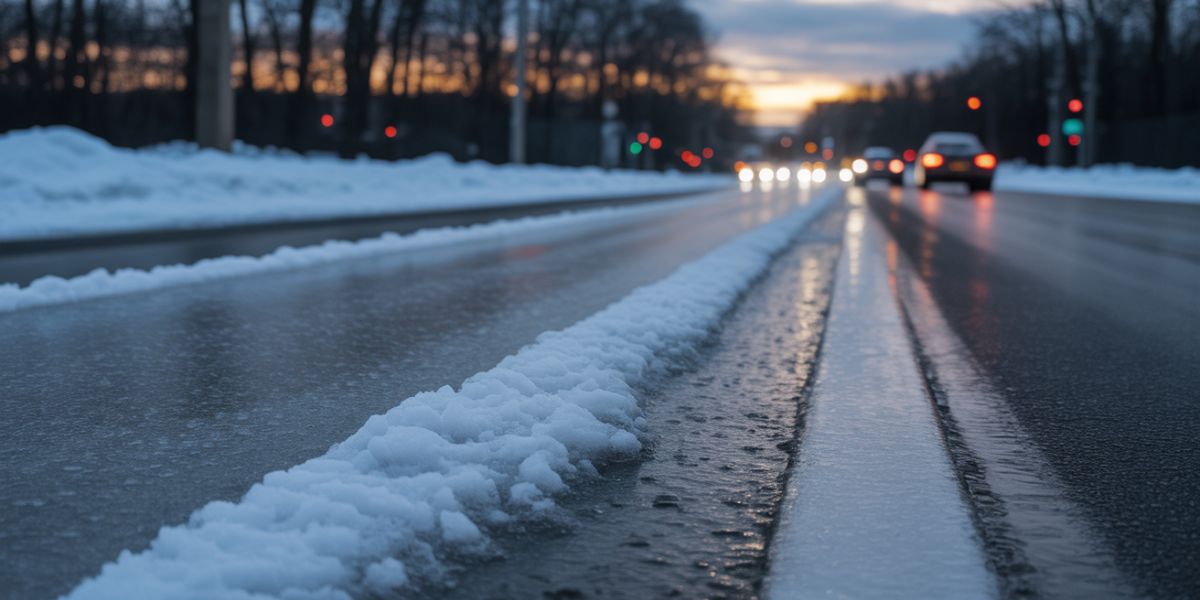 What is the term for the thin, slippery layer of ice on roads that poses a serious hazard to drivers