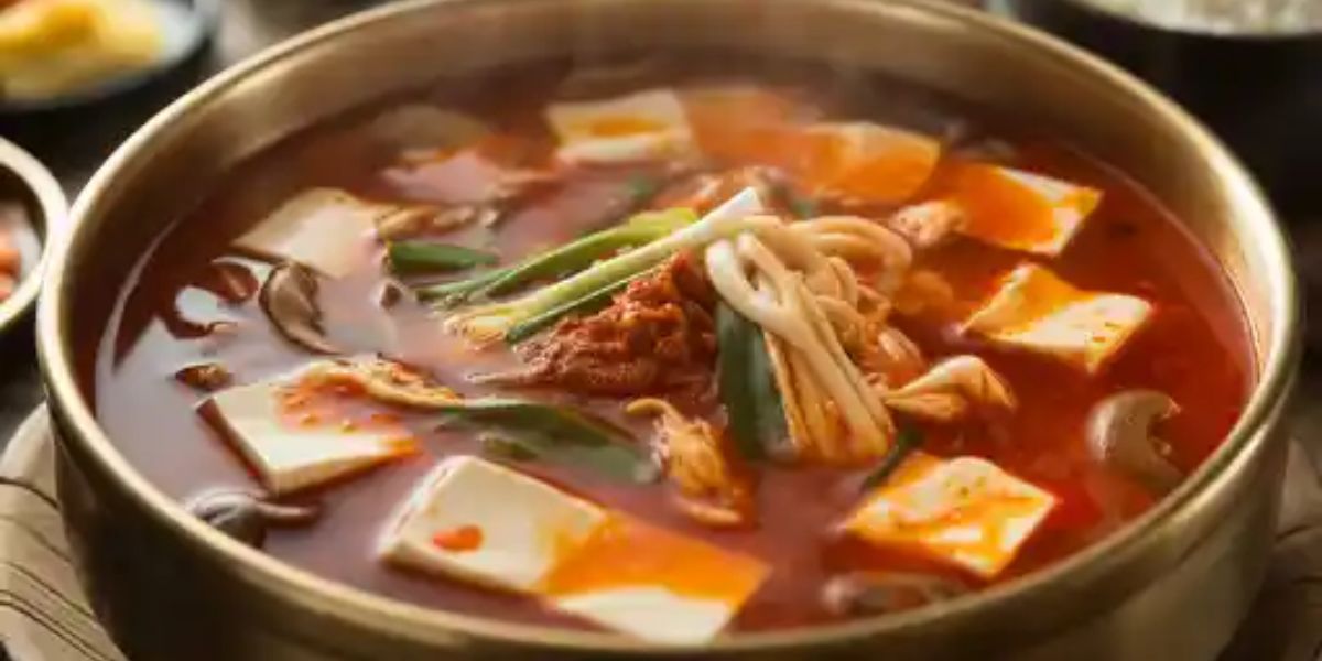 Which Korean dish is a rich, comforting soup featuring soft tofu, vegetables, and typically seafood or pork
