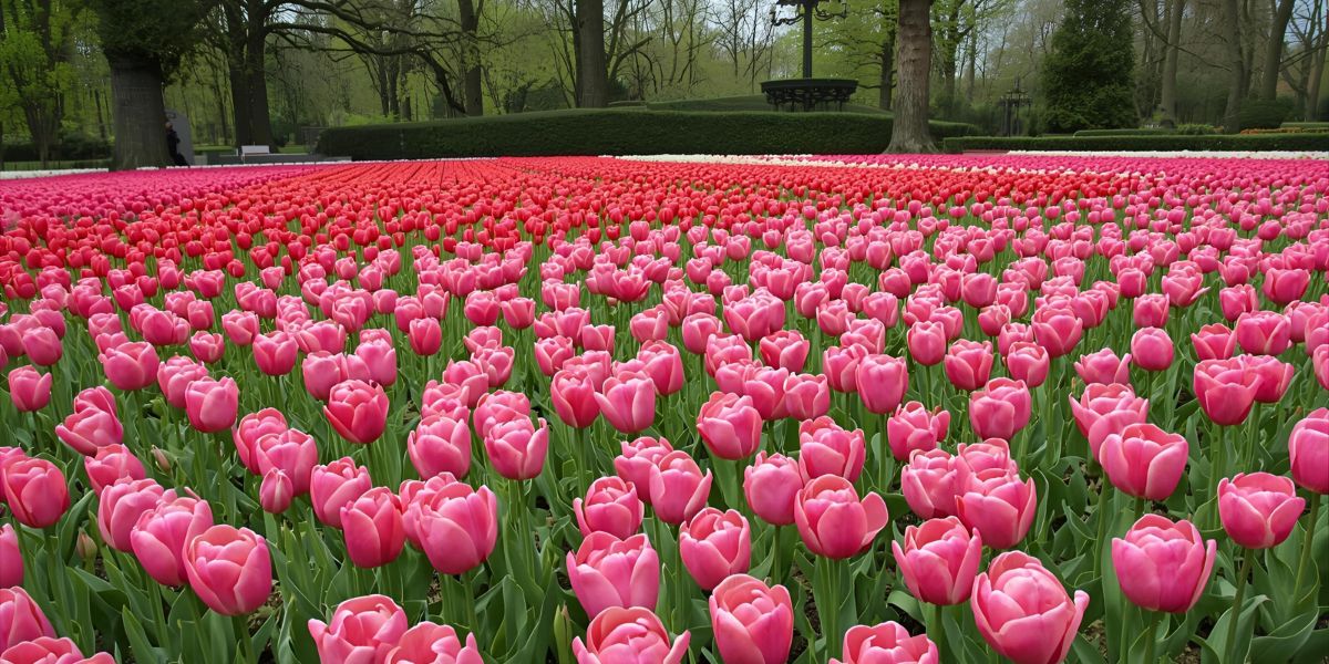 Which country is home to fields of pink tulips that bloom in spring, particularly at Keukenhof Gardens