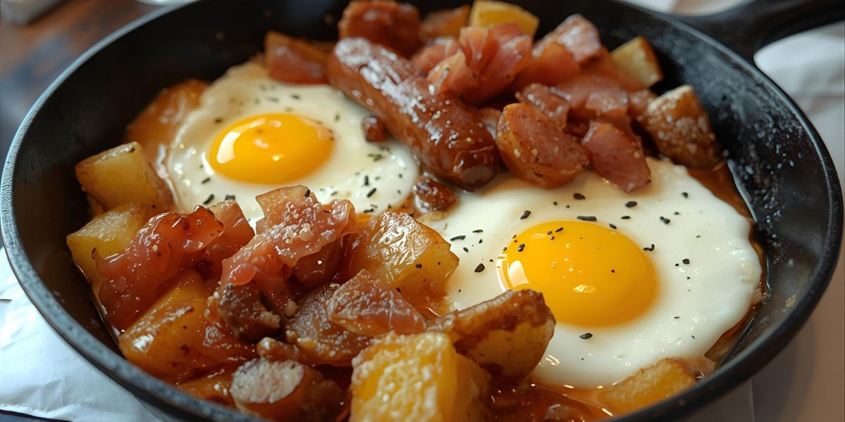 ___'s breakfast is a hearty skillet of eggs, potatoes, and sausage or ham.