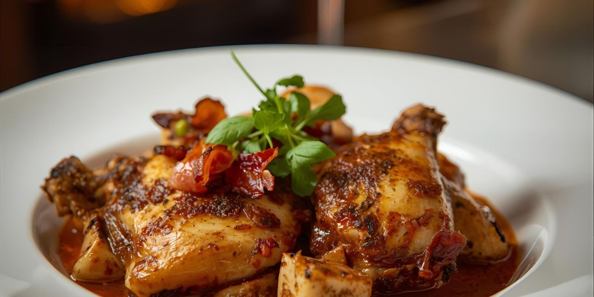 ___’s chicken is a classic French dish known for its rich sauce and smoky bacon flavor.
