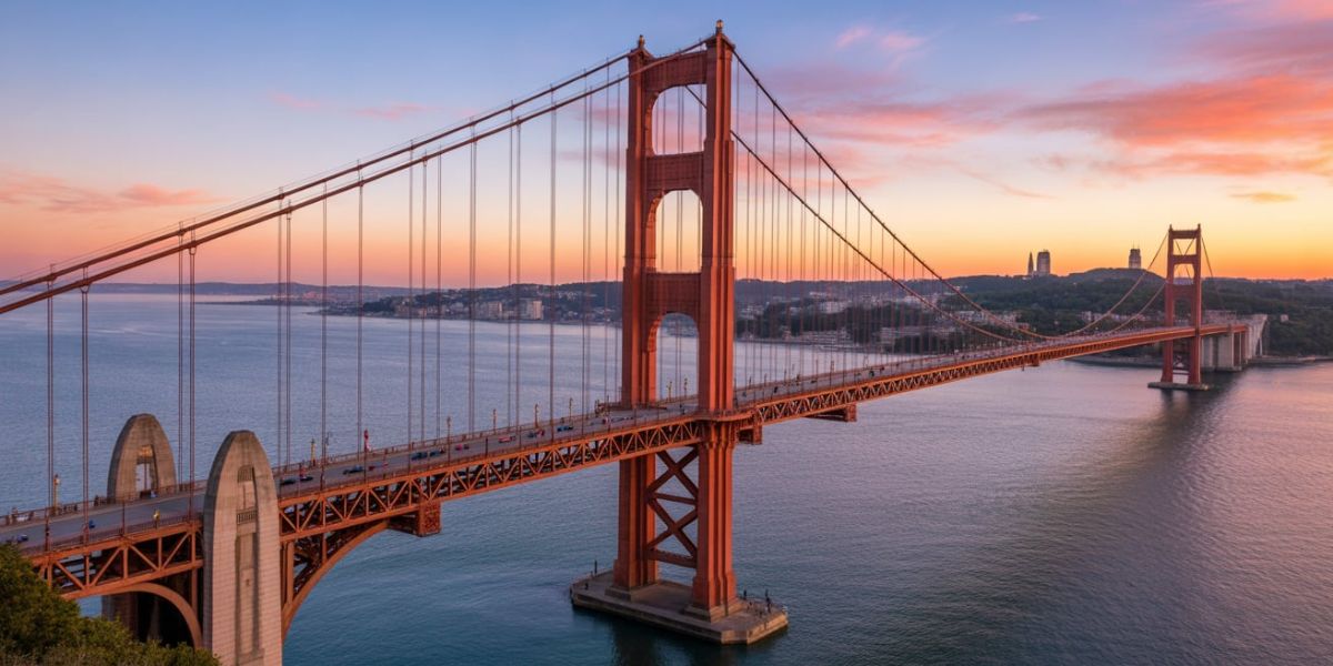 Explore the adventurous charm of this iconic orange marvel that spans a picturesque bay. Is it a landmark in North America or a stunning architectural gem in Europe