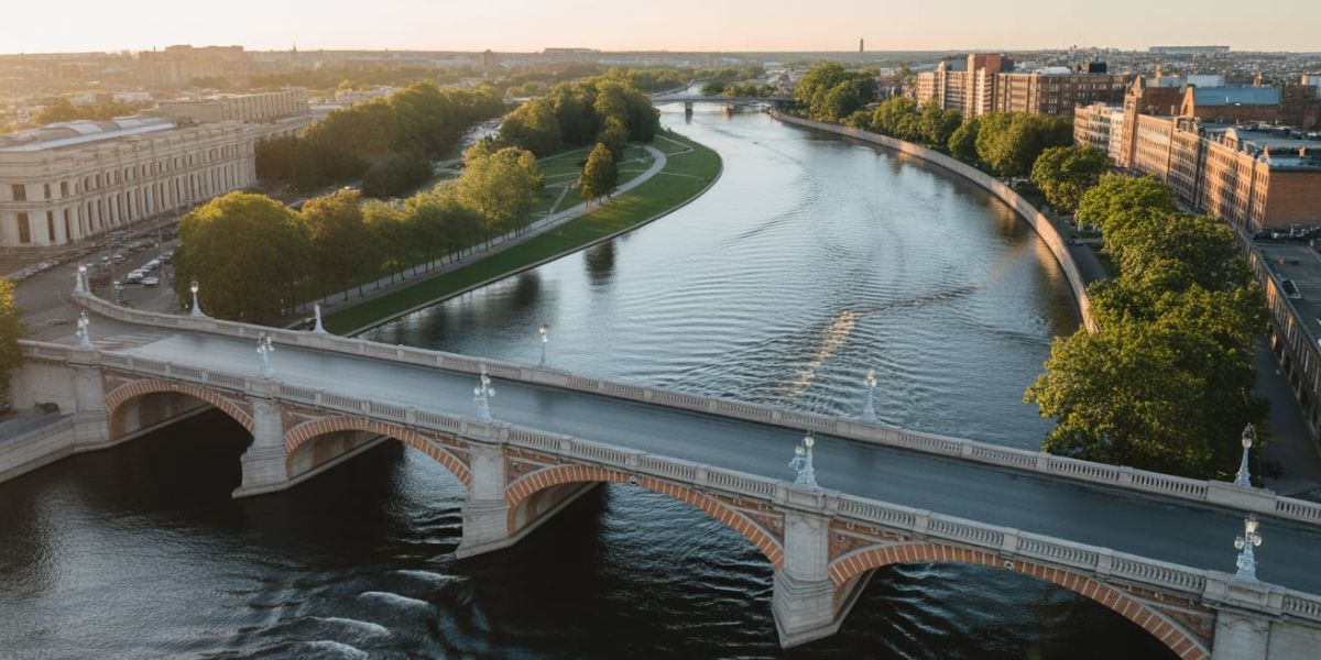 From this aerial perspective, you can see a meandering river alongside a historic bridge. What city is this
