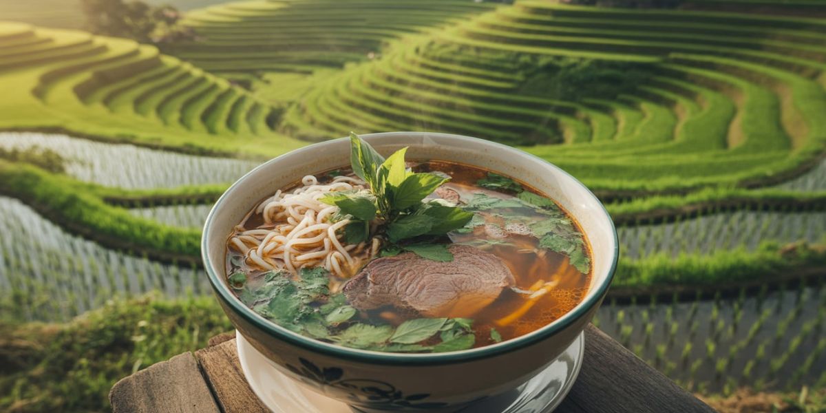 Hints Southeast Asia, rice fields, Vietnamese soup.