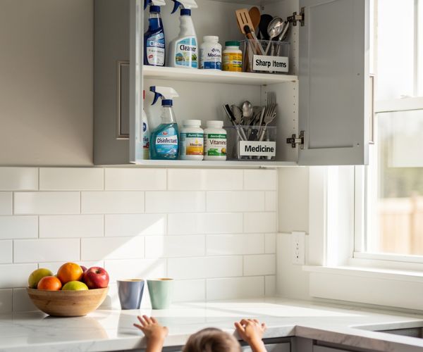 In a cabinet out of the reach of children