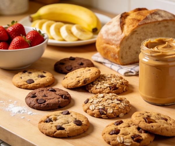 In the kitchen next to cookies and other foods