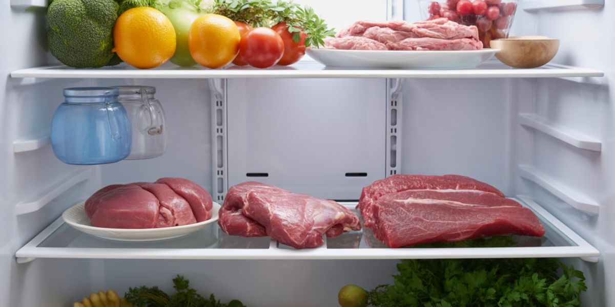 On which shelf of the fridge should raw foods like meat be stored