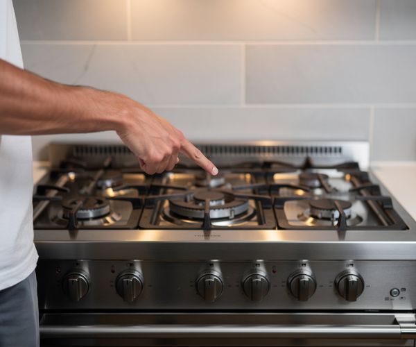 Pointed towards the center or back of the stove.
