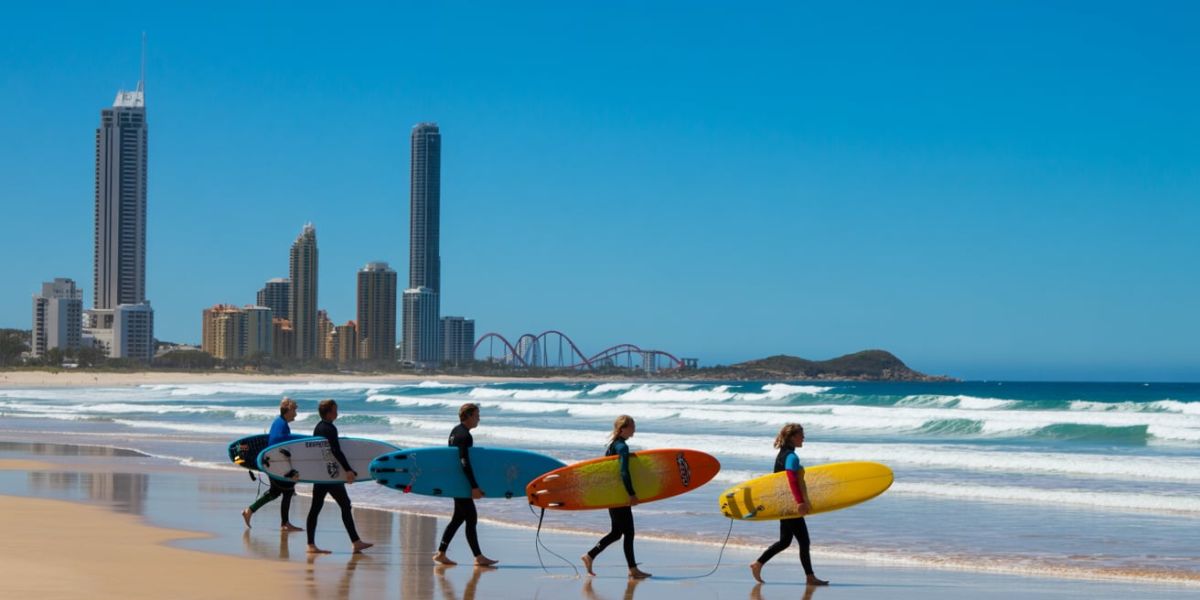 Surfers gather at the Gold Coast throughout the year for its consistent waves and theme parks. Where can it be found