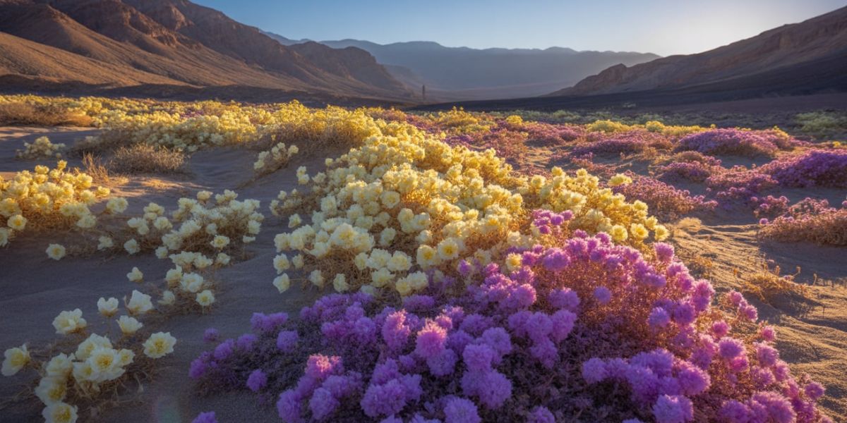 Which U.S. national park is famous for its stunning spring wildflower displays, particularly the vibrant desert gold and purplemat blooms