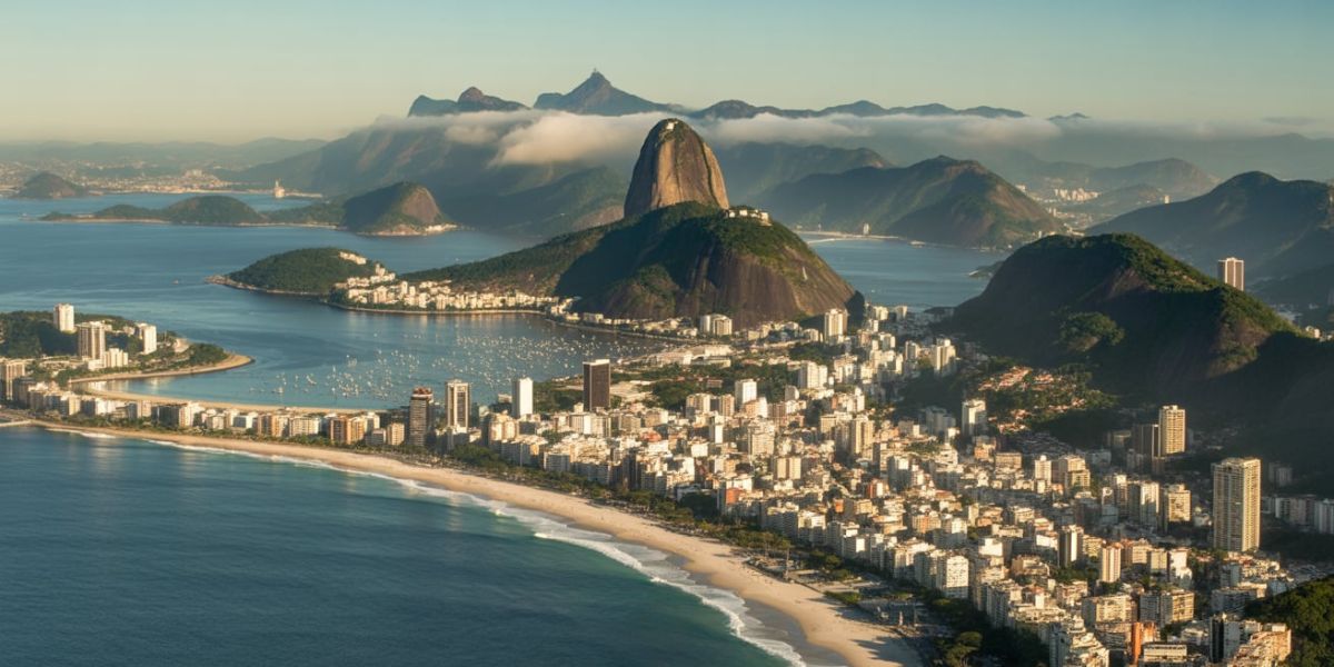 Which city is a vast urban landscape bordered by mountains and watched over by a giant statue