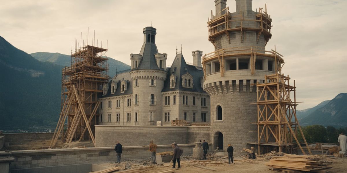 Which famous castle is shown here while it is under construction