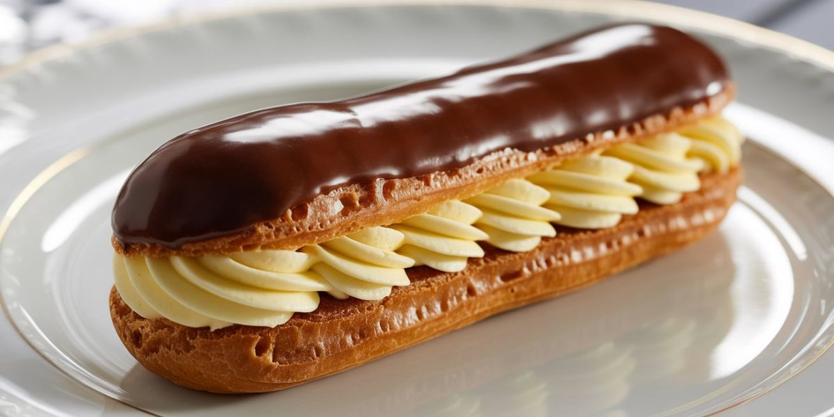 Which pastry, whose name comes from the French word for ‘lightning,’ features an oblong shape, a creamy filling, and a flavored icing on top