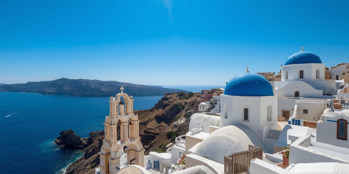 Which sea surrounds Santorini, famous for its blue-domed churches