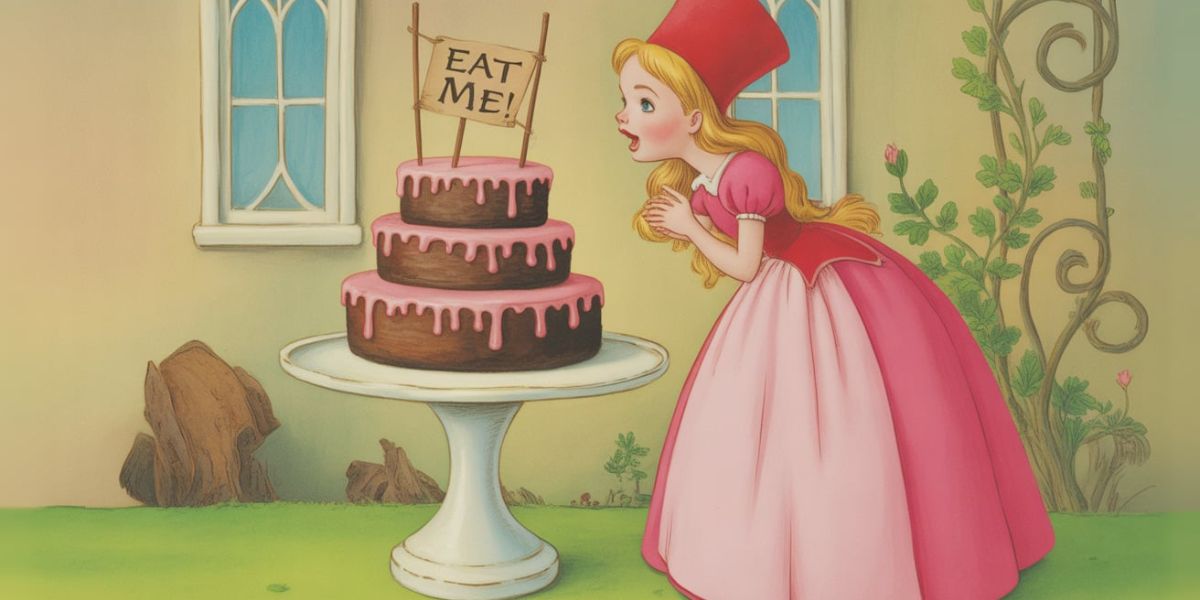 Which classic fairy tale features a cake labeled “Eat me”