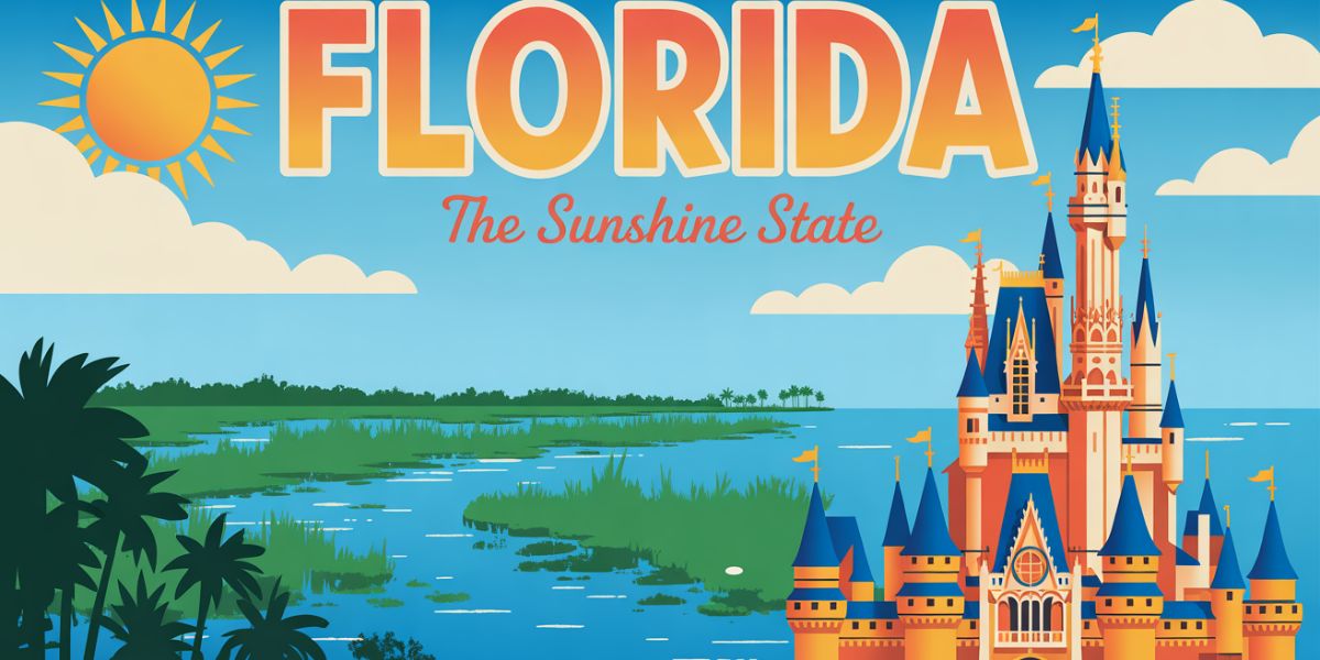 Which U.S. state is famous for its sunny weather, theme parks, and Everglades National Park
