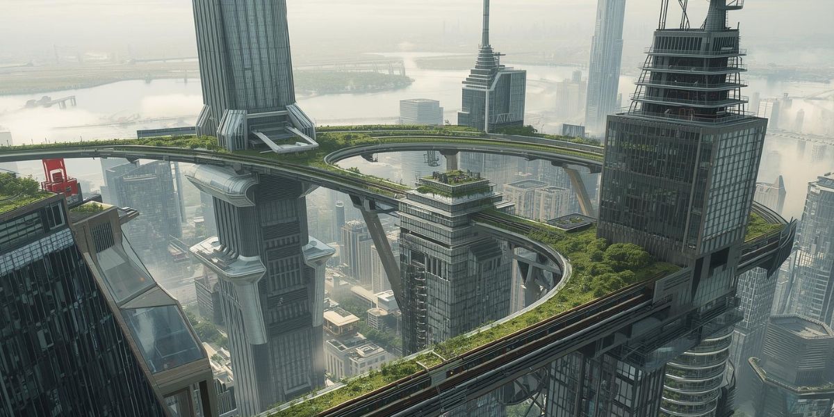 A futuristic cityscape featuring towering skyscrapers and man-made islands.