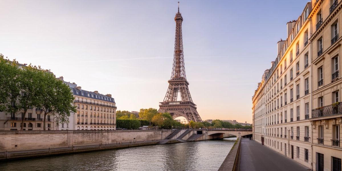 A winding river flows by a famous wrought-iron tower and elegant boulevards—what city is this
