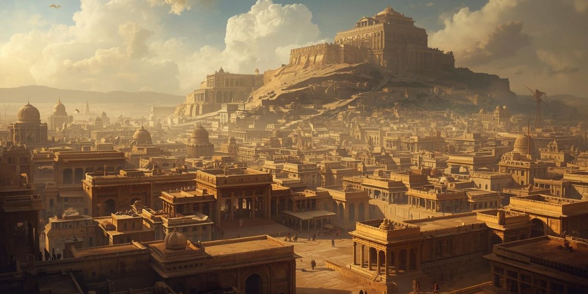 An expansive ancient city, dominated by a temple complex atop a hill.