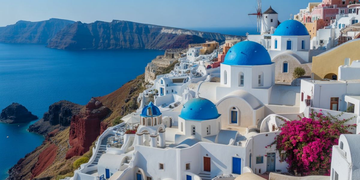 Santorini, with its blue-domed churches perched above a volcanic caldera, is part of which sun-drenched country