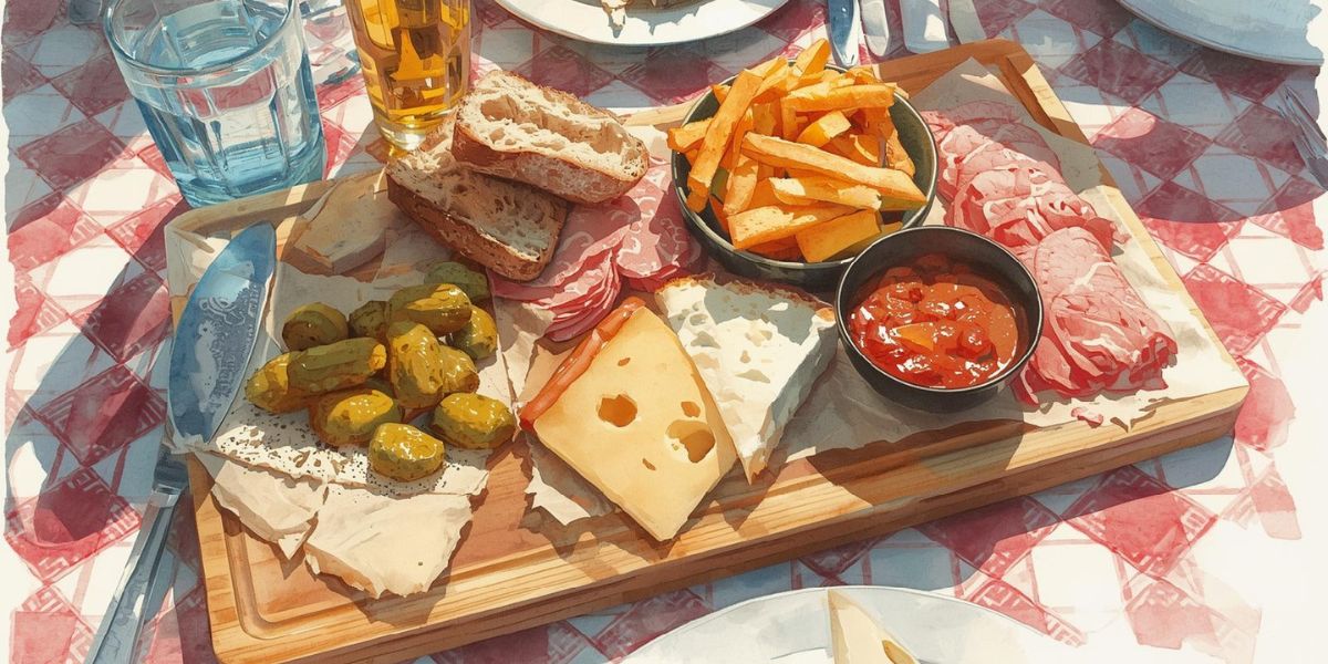 The ___’s lunch features a British pub classic bread, cheese, pickles, and cold cuts.