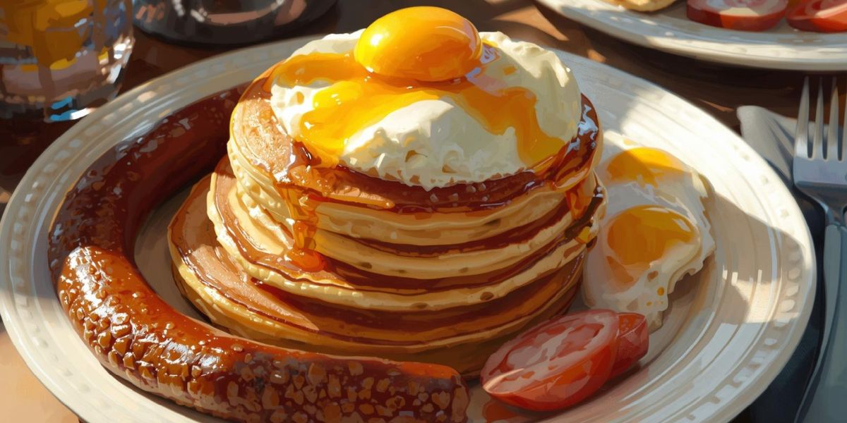 The hearty breakfast features pancakes, sausage, and eggs—plenty of fuel for a day of hard work.