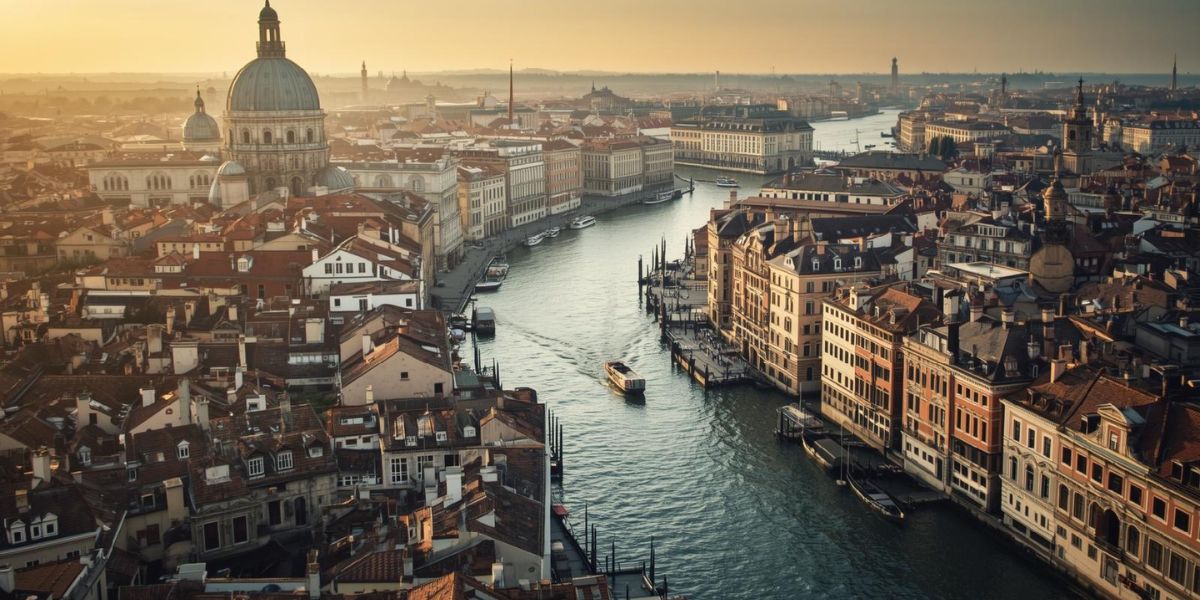 An aerial perspective shows canals weaving through historic buildings. Which city is pictured