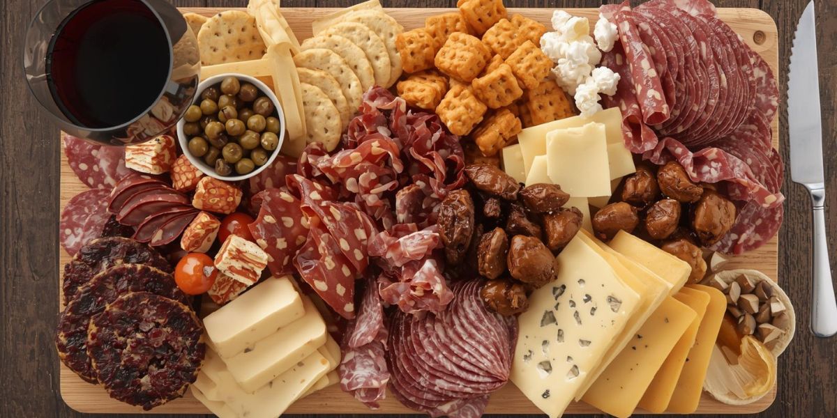What type of food is commonly served with red wine and crackers at gatherings