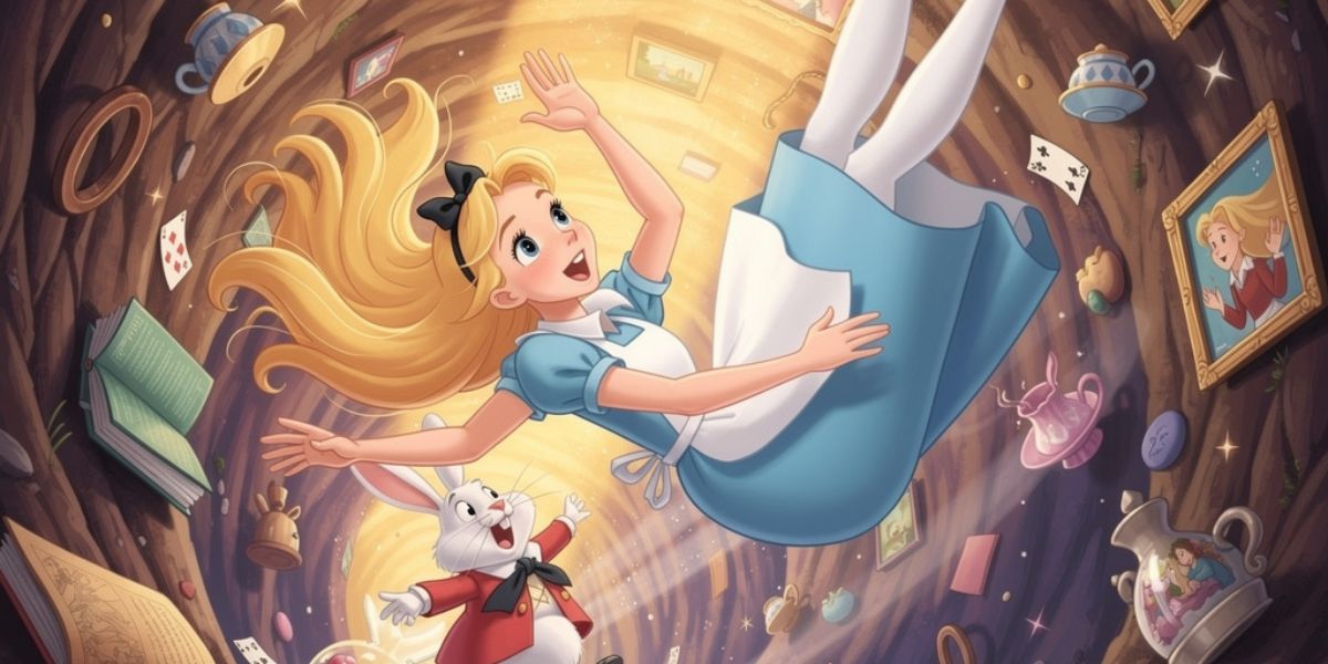 Which Disney character enters a magical world by falling down a rabbit hole