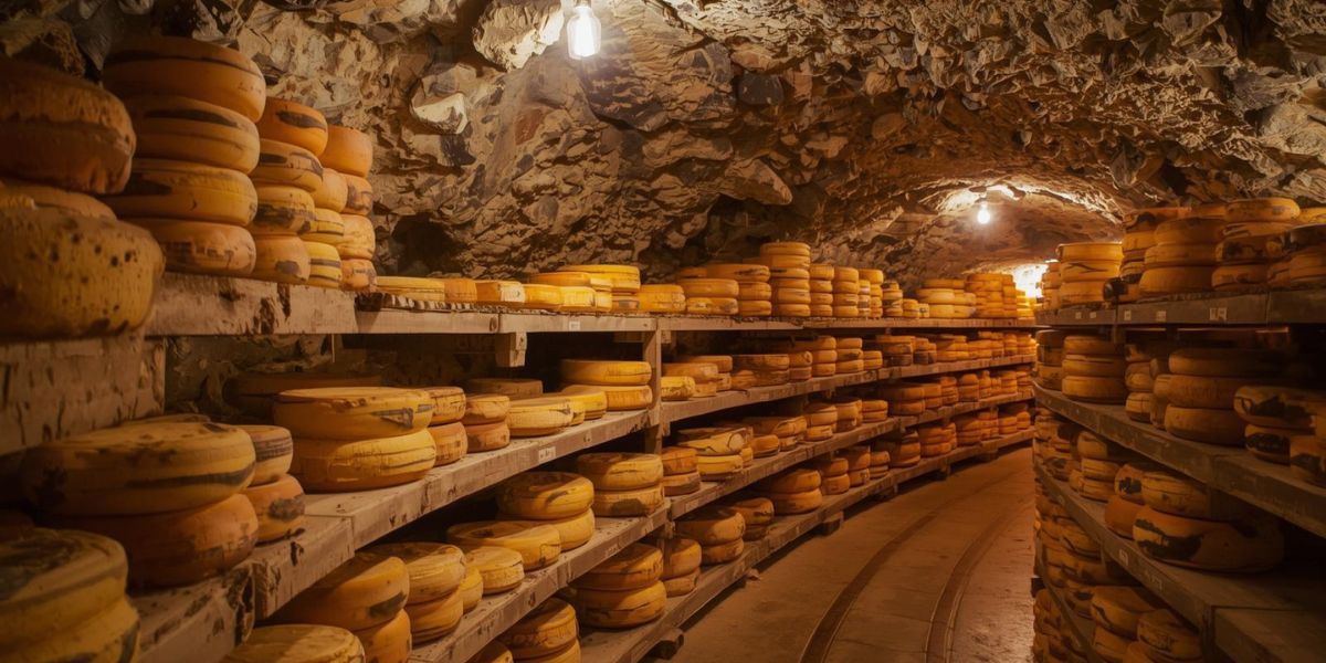 Which food or drink is typically matured in caves to enhance its taste and texture
